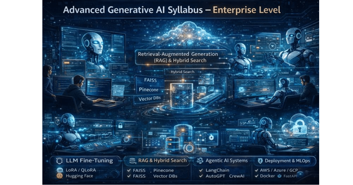 Advanced generative AI syllabus covering fine-tuning, RAG, agentic AI, multimodal models, and deployment