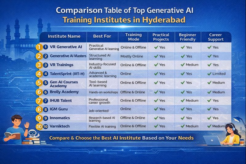 Comparison Table of Top Generative AI Training Institutes in Hyderabad